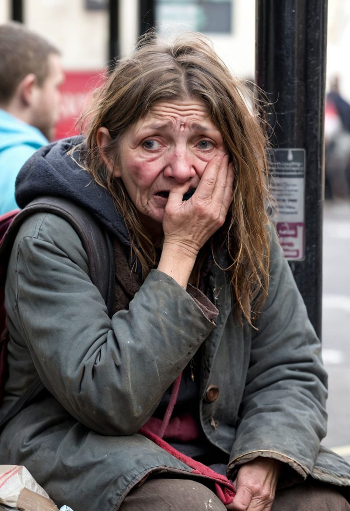 1 woman, homeless, beggard, detailed face, sit , bus stop ,  body shot, crazyness, london street